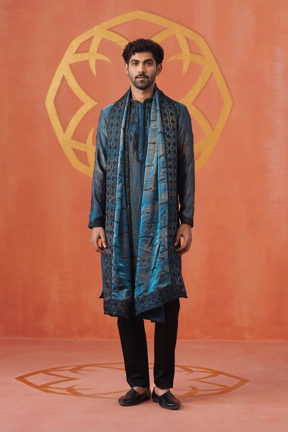 Teal Hand Dyed Tissue Black Embroidery Kurta Set With Dupatta
