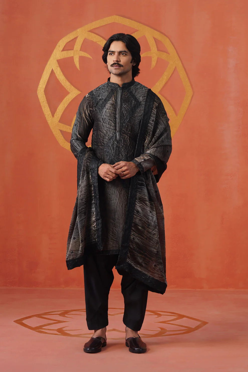 Grey Black Hand Dyed Tissue Black Embroidery Kurta Patiyala Set With Dupatta