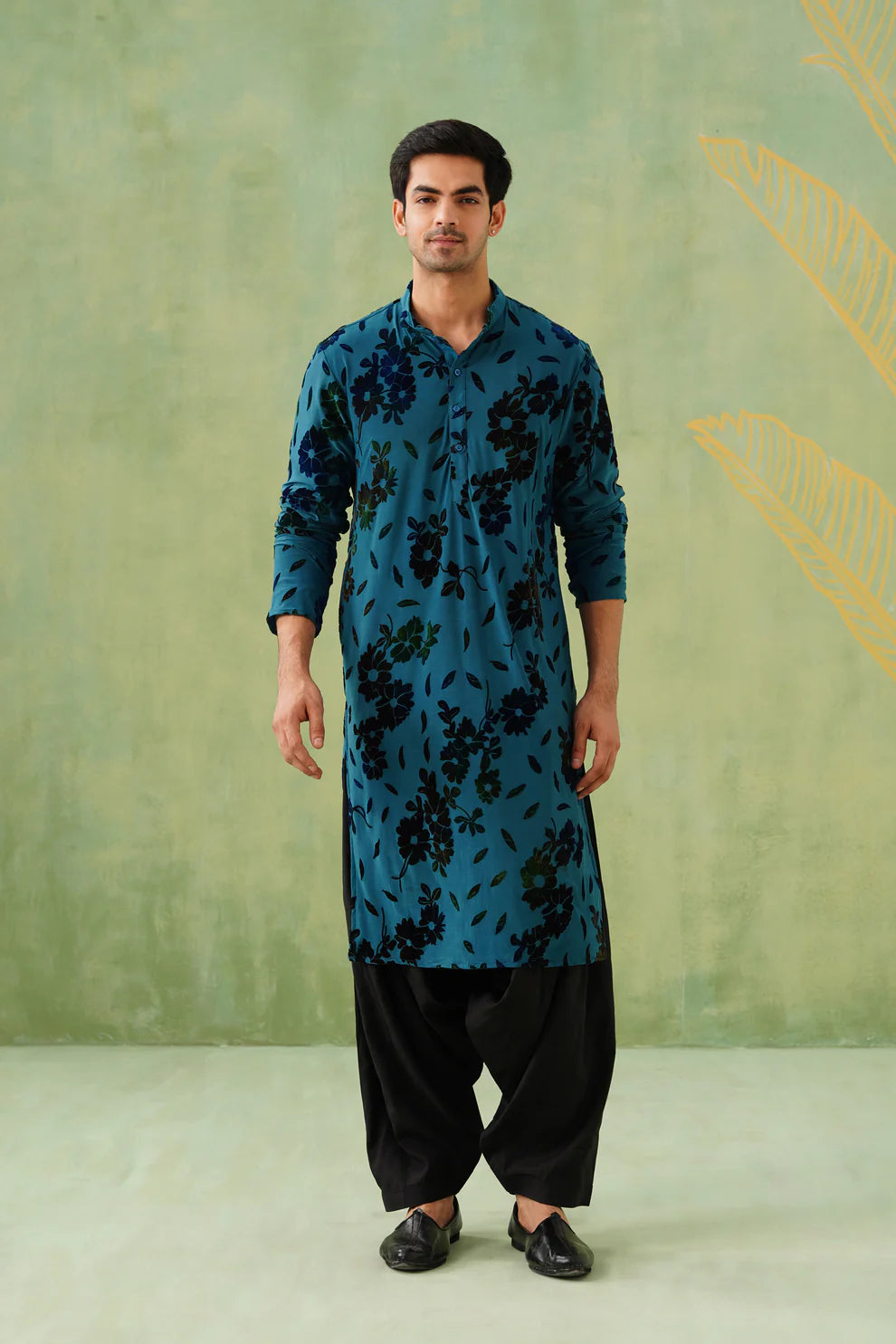 Teal Blue Velvet Brasso Lycra Kurta Patiyala Set